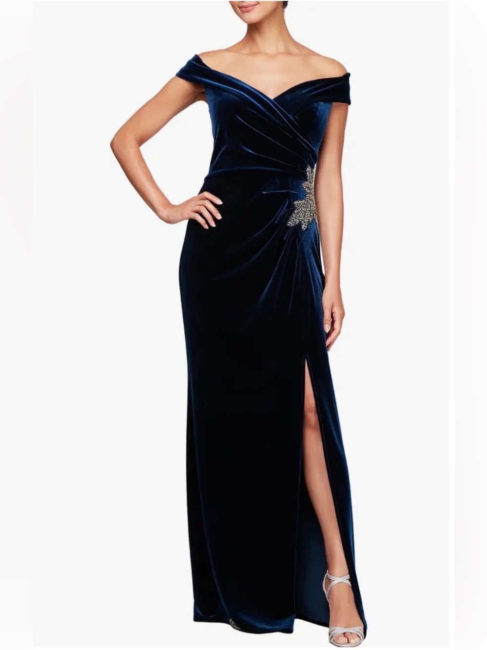 Alex Evenings Navy Off-the-Shoulder Velvet Dress with Crystal Applique Sz 12
